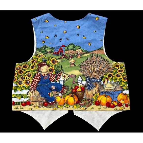 Vintage Vest 1990s Scarecrow Harvest Fall Cotton Handmade Thanksgiving Kitschy - Picture 3 of 6